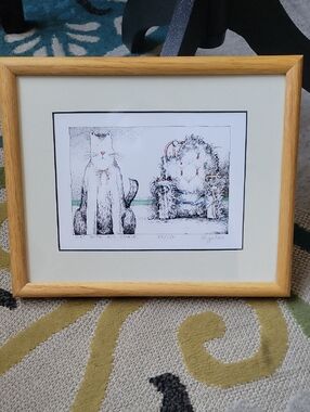 Cat With His Chair Etching Artwork By David Bigelow 24/150 in Oak Frame